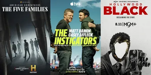 This combination of images shows promotional art for the series "American Godfathers: The Five Families," left, the film "The Instigators," center, and the docuseries "Hollywood Black." (History/Apple TV+/MGM+ via AP)