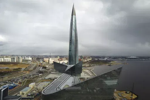 A view of the business tower Lakhta Centre, the headquarters of Russian gas monopoly Gazprom in St. Petersburg, Russia, Wednesday, April 27, 2022. Russia has halted natural gas exports to neighboring Finland. The highly symbolic move that came early Saturday marks a likely end to nearly 50 years of natural gas import from Moscow to Helsinki. It also comes just days after Finland announced it wanted to join NATO. (AP Photo/Dmitri Lovetsky, File)
