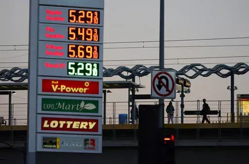 Gas prices are advertised at over five dollars a gallon, Feb. 28, 2022, in Los Angeles. Gasoline prices are rising again as talk grows about the United States banning imports of oil from Russia to punish the country for invading Ukraine. The national average price, Monday, March 7, 2022, jumped above $4.06 a gallon. Auto club AAA says that's the highest price that American motorists have faced since July 2008. (AP Photo/Marcio Jose Sanchez)