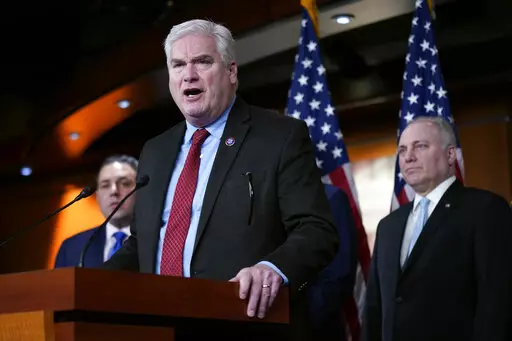 Rep. Tom Emmer, R-Minn., speaks at a news conference on Capitol Hill in Washington, Tuesday, Jan. 10, 2023. Standing behind Emmer are Rep. Anthony D'Esposito, R-N.Y., left, and House Majority Leader Steve Scalise of La. (AP Photo/Patrick Semansky, File)