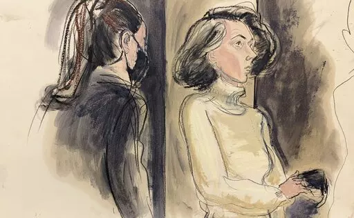 In this courtroom sketch, Ghislaine Maxwell, right, sits with her mask off during a break in her sex trafficking trial, Monday, Dec. 20, 2021, in New York. (Elizabeth Williams via AP, File)