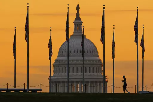 An early morning pedestrian is silhouetted against sunrise as he walks through the American flags on the National Mall with the U..S Capitol Building in the background in Washington Nov. 7, 2022. Americans on the right and left have a lot more in common than they might think — including their strong distrust of each other. The results of the survey, conducted by NORC at the University of Chicago and the nonprofit group Starts With Us, reveal a stark truth at the source of the polarization that