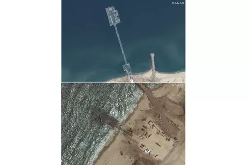 These images released by Maxar Technologies show the newly completed pier in the Gaza Strip on May 18, 2024, top, and the remaining section of the temporary pier on May 29, 2024. A string of security, logistical and weather problems have battered the plan to deliver desperately needed humanitarian aid to Gaza through a U.S. military-built pier. Broken apart by strong winds and heavy seas just over a week after it became operational, the project faces criticism that it hasn’t lived up to its in