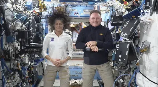This image made from a NASA live stream shows NASA astronauts Suni Williams and Butch Wilmore during a press conference from the International Space Station on Friday, Sept. 13, 2024. (NASA via AP, File)