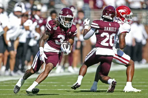 Mississippi State wide receiver Kevin Coleman Jr. (3) runs downfield after a catch against Arkansas during the first half of an NCAA college football game in Starkville, Miss., Saturday, Oct. 26, 2024. (AP Photo/James Pugh)