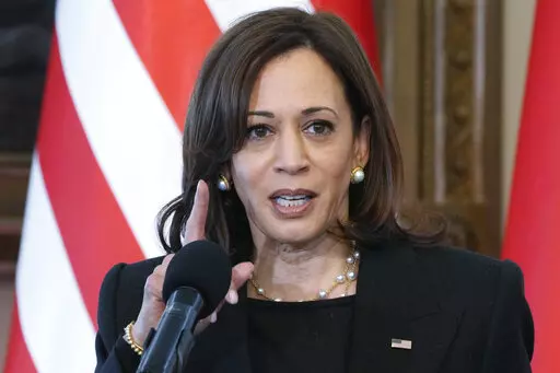 US Vice President Kamala Harris speaks during a joint press conference with Poland's President Andrzej Duda on the occasion of their meeting at Belwelder Palace, in Warsaw, Poland, Thursday, March 10, 2022. (AP Photo/Czarek Sokolowski)