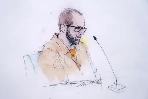 In this courtroom sketch Defendant Alexander Smirnov speaks in Federal court in Los Angeles, Feb. 26, 2024. (William T. Robles via AP, File)