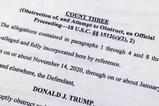 The indictment against former President Donald Trump charging him by the Justice Department for his efforts to overturn the results of the 2020 presidential election is photographed Tuesday, Aug. 1, 2023, in Washington. (AP Photo/Jon Elswick)