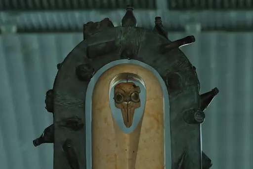 An altar constructed from recycled material of a vaquita porpoise skull is pictured during a march in support of the endangered porpoise, in Mexico City, Feb. 17, 2018.  The U.S. Trade Representative’s Office filed the first environmental complaint against Mexico Thursday, Feb. 10, 2022, for failing to protect the critically endangered vaquita marina, the world’s smallest porpoise. (AP Photo/Marco Ugarte, File)