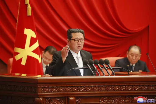 In this photo taken during Dec. 27 - Dec. 31, 2021 and provided on Saturday, Jan. 1, 2022 by the North Korean government, North Korean leader Kim Jong Un, center, attends a meeting of the Central Committee of the ruling Workers’ Party in Pyongyang, North Korea. Independent journalists were not given access to cover the event depicted in this image distributed by the North Korean government. The content of this image is as provided and cannot be independently verified. Korean language watermark