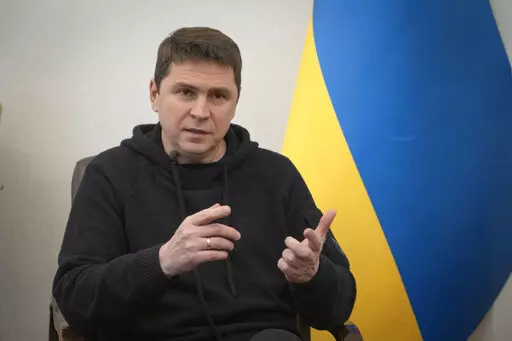 Ukrainian Presidential adviser Mykhailo Podolyak speaks during an interview with The Associated Press in Kyiv, Ukraine, Thursday, Feb. 16, 2023. (AP Photo/Efrem Lukatsky)