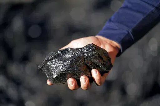 Sean Hovorka, production superintendent Trapper Mining, holds coal from the Trapper Mine on Thursday, Nov. 18, 2021, in Craig, Colo. Hovorka, also recently elected member of the town's city council, sees a future in mining because of renewables. (AP Photo/Rick Bowmer)