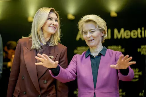 First Lady of Ukraine Olena Zelenska, left, and EU Commission President Ursula von der Leyen attend a session at the World Economic Forum in Davos, Switzerland Tuesday, Jan. 17, 2023. The annual meeting of the World Economic Forum is taking place in Davos from Jan. 16 until Jan. 20, 2023. (AP Photo/Markus Schreiber)