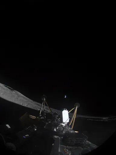 This photo provided by Intuitive Machines on Friday, March 7, 2025, shows the Athena, a private lunar lander, after landing sideways in a crater near the moon's south pole. (Intuitive Machines via AP)