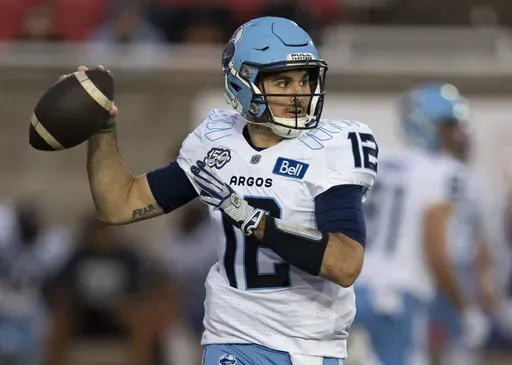 Toronto Argonauts quarterback Chad Kelly (12) throws against the Montreal Alouettes during the first half of a Canadian Football League game in Montreal, Sept. 15, 2023. (Christinne Muschi/The Canadian Press via AP, File)