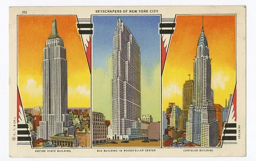CORRECTS THE POSTCARD DESCRIPTION - This image provided by the Museum of the City of New York shows a postcard featuring the Empire State Building, from left, the RCA Building, and the Chrysler Building. (Museum of the City of New York via AP)