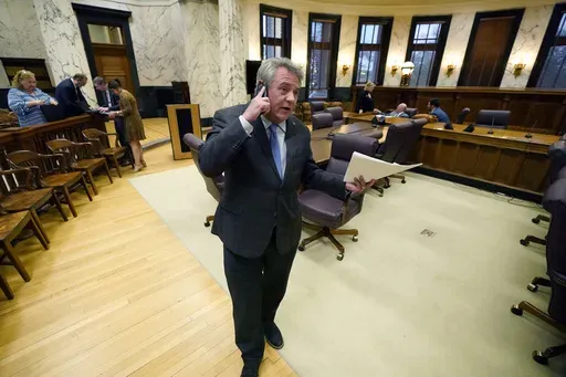 Mississippi Sen. Michael McLendon, R-Hernando, speaks on the phone at the state Capitol in Jackson, Miss., March 6, 2023. McLendon said in a statement Tuesday, July 16, 2024, that a DUI charge filed against him in Alabama in 2023 had been dropped, and court records reviewed by The Associated Press showed that a judge issued the decision Friday, June 12. (AP Photo/Rogelio V. Solis)