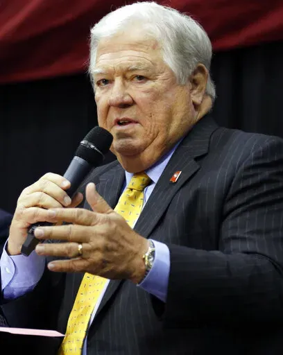 Former Mississippi Gov. Haley Barbour speaks at a Mississippi Economic Council event on Wednesday, Oct. 26, 2016, in Jackson, Miss. Barbour was hospitalized Wednesday, Oct. 26, 2022, after being in a one-vehicle wreck outside Yazoo City, Miss. Yazoo County Sheriff Jake Sheriff said Barbour told law enforcement officers that he swerved to avoid a dog. (AP Photo/Rogelio V. Solis, File)
