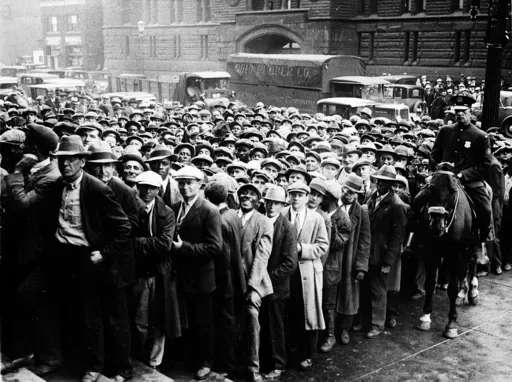 Thousands of unemployed people gather outside City Hall in Cleveland during the Great Depression, after some 2,000 jobs were made available for park improvements and repairs, Oct. 9, 1930. (AP Photo, File)