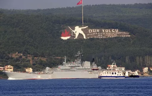 A Russian ship named Caesar Kunikov passes through the Dardanelles strait in Turkey en route to the Mediterranean Sea, on Oct. 4, 2015. Ukraine's military said Wednesday Feb. 14, 2024 it sank a Russian landing ship in the Black Sea using naval drones, a report that has not been confirmed by Russian forces. The Caesar Kunikov amphibious ship sank near Alupka, a city on the southern edge of the Crimean Peninsula that Moscow annexed in 2014, Ukraine’s General Staff said. It said the ship can carr