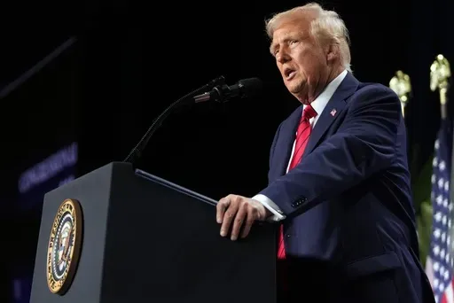 President Donald Trump speaks at the 2025 House Republican Members Conference Dinner at Trump National Doral Miami in Doral, Fla., Jan. 27, 2025. (AP Photo/Mark Schiefelbein, File)
