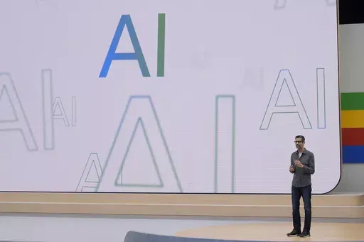Alphabet CEO Sundar Pichai speaks at a Google I/O event in Mountain View, Calif., Tuesday, May 14, 2024. (AP Photo/Jeff Chiu)