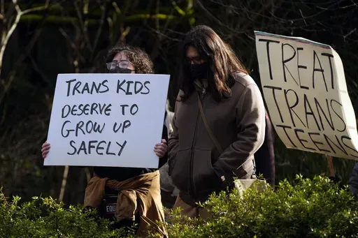 People wave signs to passing cars during a pro-transgender rights protest outside of Seattle Children's Hospital after the institution postponed some gender-affirming surgeries for minors following an executive order by President Donald Trump, Sunday, Feb. 9, 2025, in Seattle. (AP Photo/Lindsey Wasson, File)