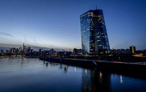 The European Central Bank is pictured in Frankfurt, Germany, Wednesday, March 15, 2023. Inflation in the 20 countries that use the euro slowed to 6.9 percent in March, the lowest level in a year, as food costs continued to rise while energy prices fell, making a sharp turnaround after months of punishing increases. (AP Photo/Michael Probst, File)