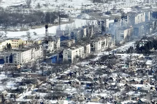 video footage of Bakhmut shot from the air with a drone for The Associated Press on Monday, Feb. 13, 2023, shows how the longest battle of the year-long Russian invasion has turned the city of salt and gypsum mines in eastern Ukraine into a ghost town. The relentless Russian bombardment has reduced Bakhmut to smoldering wasteland with few buildings still standing intact as Russian and Ukrainian soldiers have fought ferocious house-to-house battles amid the ruins. (AP Photo, File)