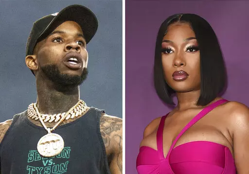 This combination photo shows Tory Lanez performing at the Festival d'ete de Quebec on Wednesday July 11, 2018, in Quebec City, Canada, left, and Megan Thee Stallion at the premiere of "P-Valley" on Thursday, June 2, 2022, in Los Angeles. Jurors have reached a verdict at the trial of rapper Tory Lanez, who is charged with shooting and wounding hip-hop star Megan Thee Stallion in the feet. (Photos by Amy Harris, left, Richard Shotwell/Invision/AP)