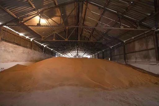 A wheat warehouse belonging to Ivan Kilgan, head of the regional agricultural association village, in Luky village, in western Ukraine, on March 25, 2022. The northwestern Lviv region near the border with Poland, far from the heart of what is known as Ukraine's breadbasket in the south, is being asked to plant all the available fields it can, said Kilgan. How to prevent food insecurity and skyrocketing prices globally as Russia continues its war in Ukraine will be the marquee topic of discussion