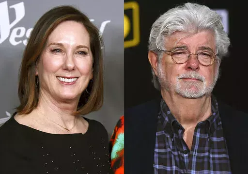 Kathleen Kennedy appears at the 20th annual Costume Designers Guild Awards in Beverly Hills, Calif., on Feb. 20, 2018, left, and George Lucas appears at the premiere of "Solo: A Star Wars Story" in Los Angeles on May 10, 2018.  Kennedy and Lucas, stewards of the "Star Wars" universe are being honored by the Producers Guild of America for their contributions to the film industry. The PGA said Friday, Jan. 14, 2022, that the pair will receive the Milestone Award at the Producers Guild Awards in Ma