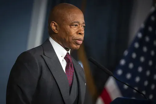 This image provided by Office of the New York Mayor shows New York Mayor Eric Adams as he speaks during an address from City Hall, Tuesday, Feb. 11, 2025. (Ed Reed/Office of the New York Mayor via AP)