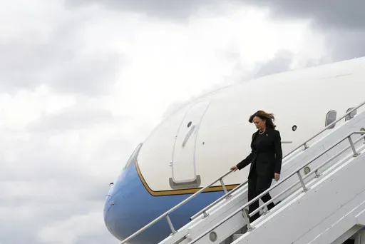 Democratic presidential nominee Vice President Kamala Harris arrives on Air Force Two Wednesday, Sept. 25, 2024, to campaign in Pittsburgh. (AP Photo/Jacquelyn Martin)