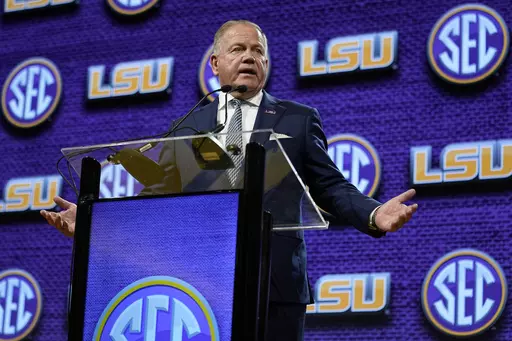 LSU Tigers head coach Brian Kelly speaks during the NCAA college football Southeastern Conference Media Days, Monday, July 17, 2023, in Nashville, Tenn. (AP Photo/George Walker IV)