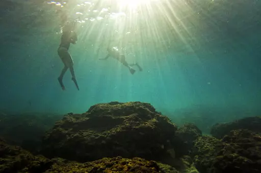 People snorkel in the Mediterranean Sea in Gador sea reserve, in Hadera, northern Israel, Saturday, Oct. 29, 2022. Climate change, invasive species and explosive human activity are threatening what remains of the eastern Mediterranean's severely impacted ecosystems. (AP Photo/Ariel Schalit)