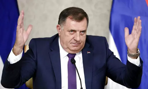FILE- Bosnian Serb member of the tripartite Presidency of Bosnia Milorad Dodik speaks during a press conference after talks with U.S. Deputy Assistant Secretary of State Gabriel Escobar in the capital Sarajevo, Bosnia, on Nov. 8, 2021. Long-reigning Bosnian Serb leader, Milorad Dodik, has grown increasingly hostile this week as the West turned up the pressure on him to stop a spiraling secessionist campaign in his multiethnic Balkan country of 3.3 million people that has never truly recovered fr