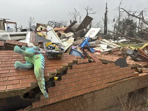 A home is in ruins after severe weather passed through Lake City, Ark., on Thursday, April 3, 2025. (AP Photo/Adrian Sainz)