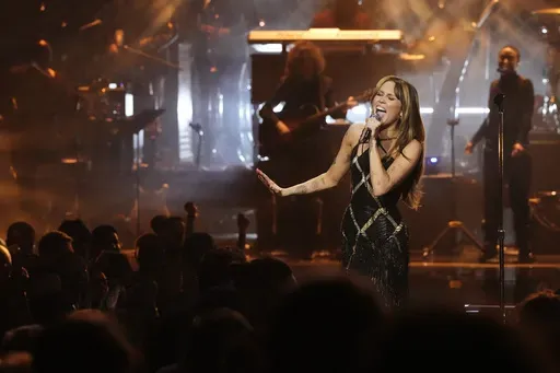 This image released by Peacock shows Miley Cyrus performing during "SNL50: The Homecoming Concert" on Friday, Feb. 14, 2025, in New York. (Virginia Sherwood/Peacock via AP)