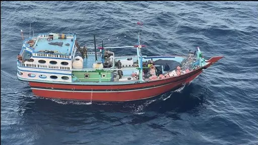 This undated image released by the U.S. military's Central Command shows what it is described as the vessel that carried Iranian-made missile components bound for Yemen's Houthi in the Arabian Sea. Four foreign nationals were charged Thursday, Feb. 22, 2024, with transporting suspected Iranian-made weapons on a vessel intercepted by U.S. naval forces in the Arabian Sea last month. Two Navy SEALs died during the mission. (U.S. Central Command via AP, File)