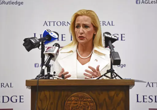 Arkansas Attorney General Leslie Rutledge speaks during a news conference to announce the lawsuit filed against Family Dollar following a rodent infestation at its West Memphis distribution center, Thursday, April 28, 2022 in Little Rock, Ark.. (Staci R. Vandagriff/The Arkansas Democrat-Gazette via AP)