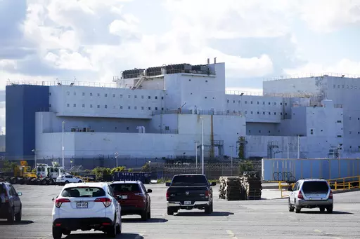 FILE — The Vernon C. Bain Correctional Center is seen docked in the Bronx borough of New York, Monday, Oct. 16, 2023. It arrived in 1992 as a temporary measure to ease overcrowding on Rikers Island, the city's main jail complex for detainees awaiting trial. Three decades later, the 800-bed lockup – believed to be the last operating prison ship in the United States — is finally closing down. (AP Photo/Seth Wenig, File)