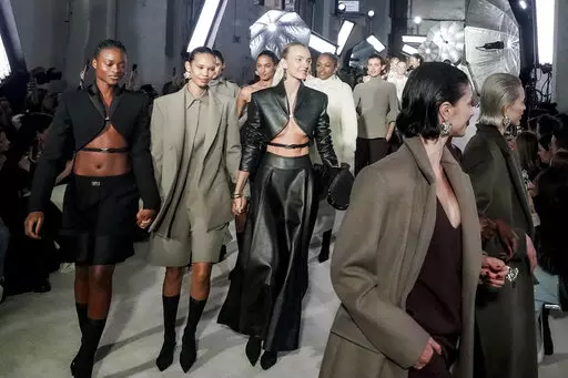 Fashion from Brandon Maxwell is modeled during Fashion Week, Tuesday Feb. 14, 2023, in New York. (AP Photo/Bebeto Matthews)