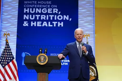 President Joe Biden speaks during the White House Conference on Hunger, Nutrition, and Health, at the Ronald Reagan Building, Wednesday, Sept. 28, 2022, in Washington. (AP Photo/Evan Vucci)