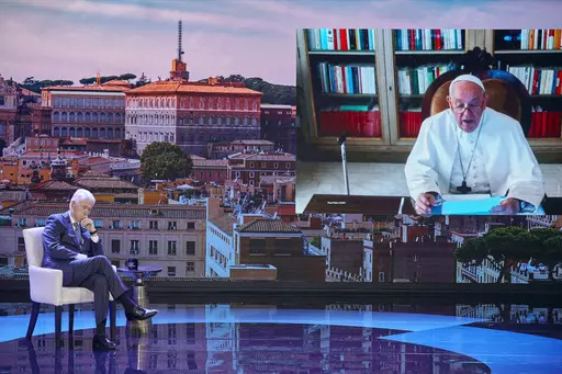 Pope Francis, seen on a screen, right, speaks with former President Bill Clinton, left, through video conference during the Clinton Global Initiative, Monday, Sept. 18, 2023 in New York. Pope Francis urged all people to do their part to address the world’s problems, especially climate change and the care of children, to open The Clinton Global Initiative Monday. CGI announced numerous new programs Monday that it hopes will gather new monetary commitments and engagement, including gender equali