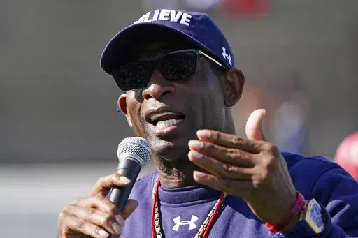 Jackson State football coach Deion Sanders speaks to the fans prior to the Jackson State's Blue and White Spring football game, an NCAA college football contest, on April 24, 2022, in Jackson, Miss. Sanders has emerged as the most high-profile advocate for the league and HBCUs in general, but his colleagues are embracing potential change and celebrating the status quo as well. Sanders touted the league’s “exponential growth” Thursday, July 21, 2022, at the media day amid a challenging back