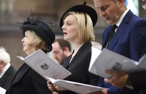 Britain's Prime Minister Liz Truss attends a memorial service for Britain's Queen Elizabeth II at St Anne's Cathedral in Belfast, Tuesday Sept. 13, 2022. British Prime Minister Liz Truss took office less than two weeks ago, impatient to set her stamp on government. The death of Queen Elizabeth II ripped up Truss’s carefully laid plans for the first weeks of her term, putting everyday politics in the U.K. on hold as the country was plunged into official and emotional mourning. (Liam McBurney/Po