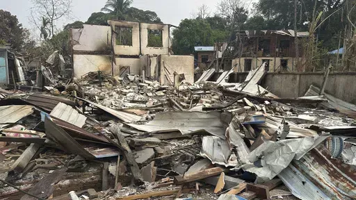 This undated photo released by the Free Burma Rangers, shows a monastery destroyed by a Burmese military airstrike on March 31, 2024, in Papun, Karen state, Myanmar. (Free Burma Rangers via AP)