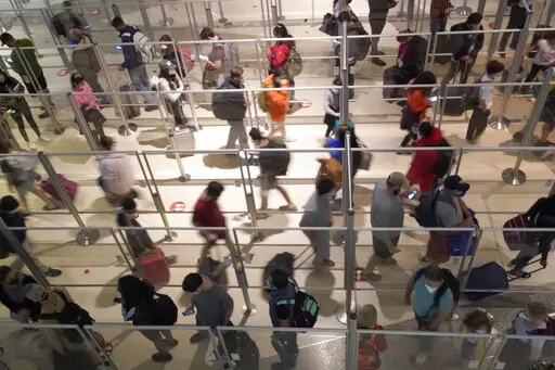 To prevent the spread of COVID-19, plexiglass keeps travelers separated as they make their way through the line to clear security at Love Field in Dallas, Friday, Dec. 31, 2021. (AP Photo/LM Otero)