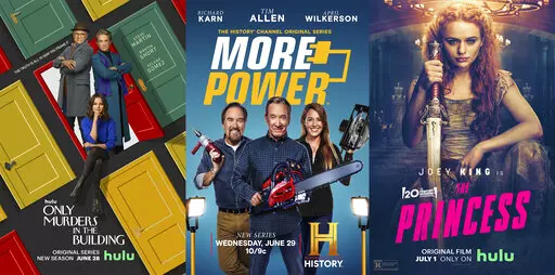 This combination of photos shows promotional art for "Only Murders in the Building," a Hulu series premiering its second season on June 28, left, "More Power," a series premiering June 29 on History, and "The Princess," a film premiering July 1 on Hulu. (Hulu/History/Hulu via AP)